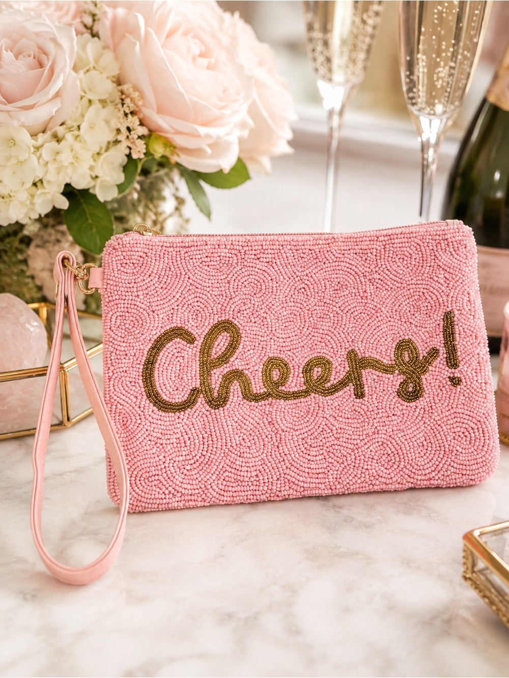 House of Harlow 1960 Cheers Beaded Wristlet Blush Pink NWT Travel Pouch